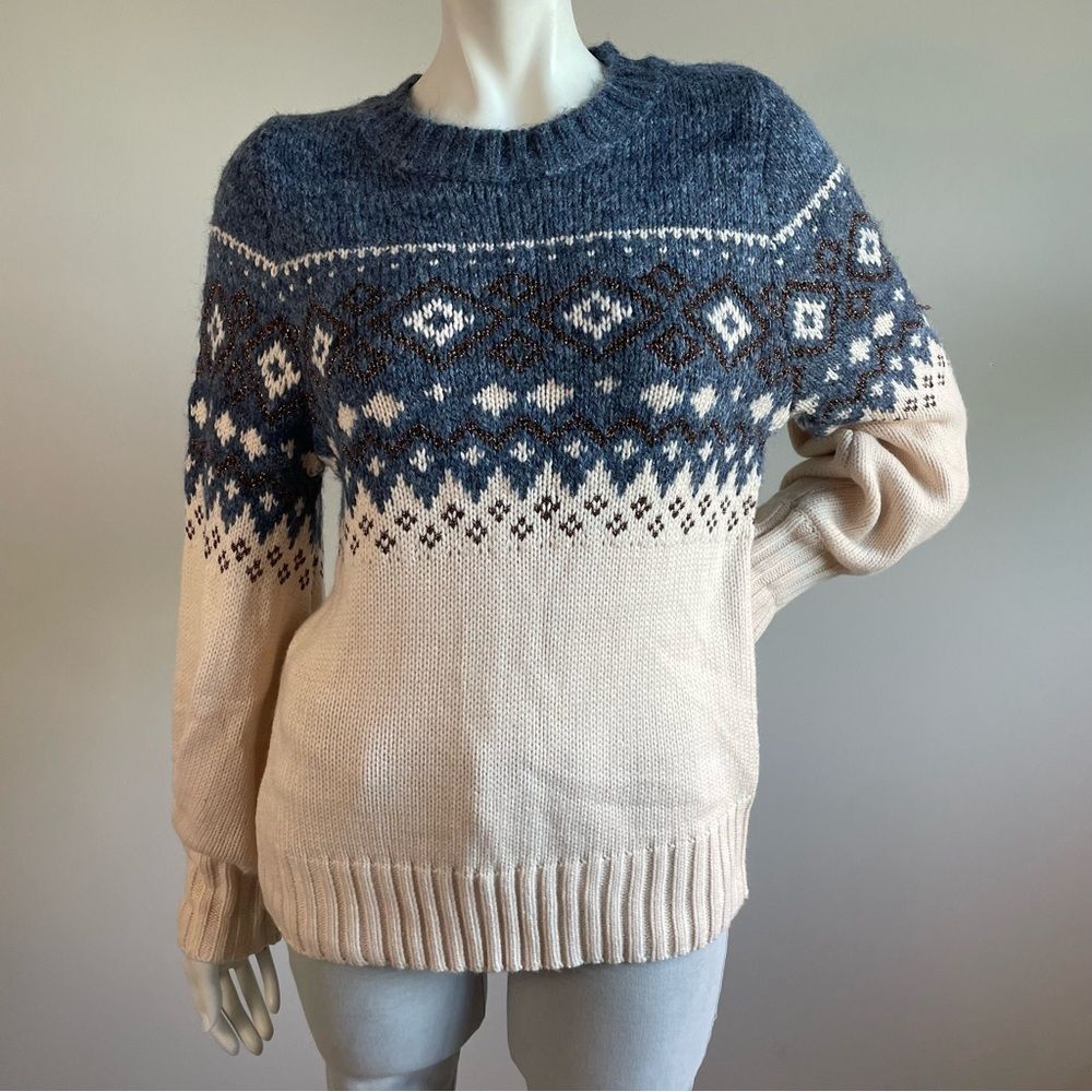 NWT THML Bishop Sleeve Colorblocked Metallic Blue & Cream Sweater